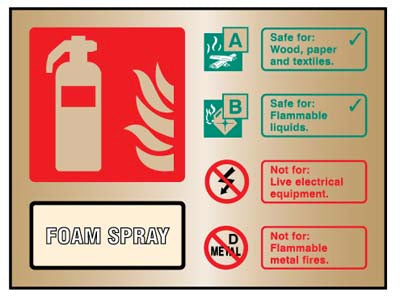 Foam spray extinguisher ID brass 150x200mm adhesive backed