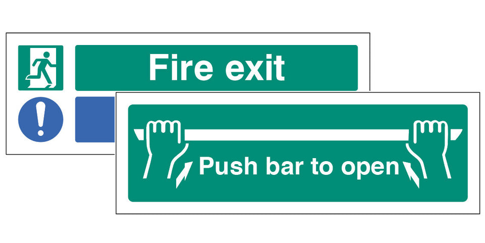 Fire exit Keep Clear/Push bar to open Double sided self adhesive window sticker 300x100mm