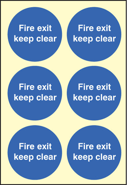 Fire exit keep clear 65mm dia - sheet of 6 photoluminescent