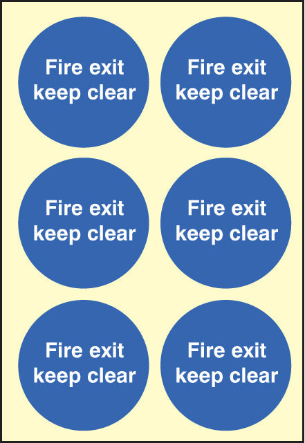 Fire exit keep clear 65mm dia - sheet of 6 photoluminescent