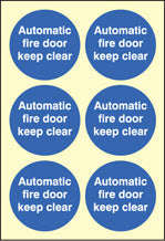 Automatic fire door keep clear  65mm dia - sheet of 6 photoluminescent