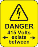 Danger 415 volts <-exists between-> roll of 100 labels 40x50mm