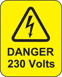 Danger 230 volts roll of 100 labels 40x50mm