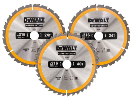 DT1962 Construction Circular Saw Blade 3 Pack 216 x 30mm 2 x 24T 1 x 40T