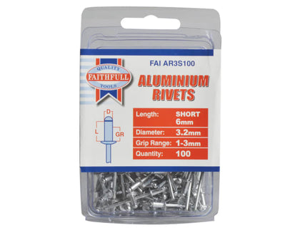 Aluminium Rivets 3.2 x 6mm Short Pre-Pack of 100