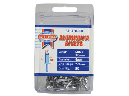 Aluminium Rivets 4 x 13mm Long Pre-Pack of 50