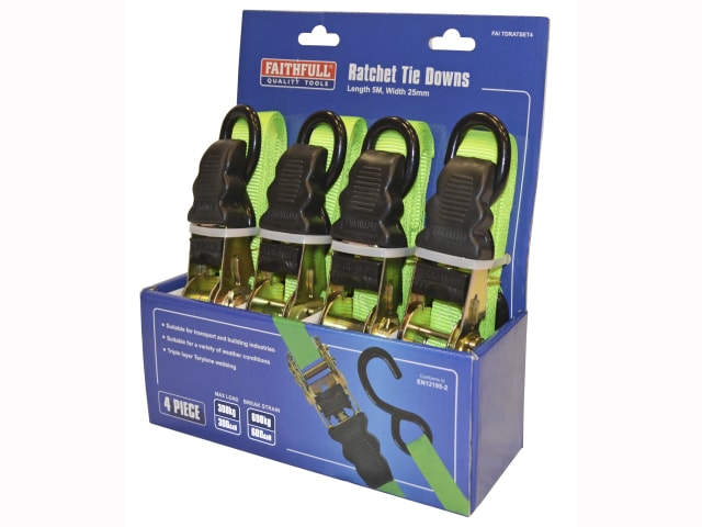 Ratchet Tie-Downs 5m x 25mm Green 4 Piece