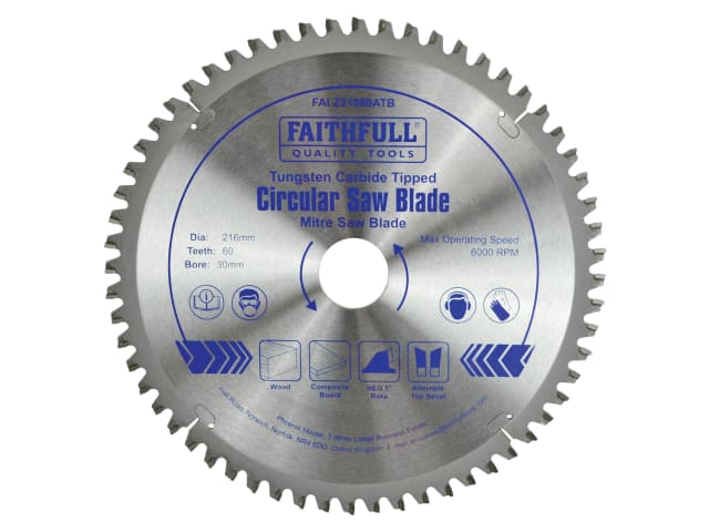 TCT Cross Cut Mitre Saw Blade 216 x 30mm x 60T NEG