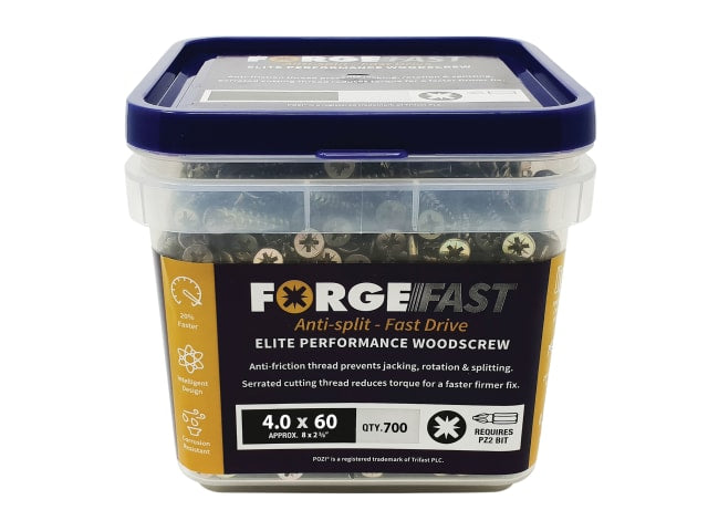 ForgeFast Pozi Compatible Elite Performance Wood Screw ZY 4.0 x 60mm Tub 700